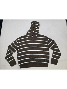 Olive Green & White Striped Hoodie Womens L Pullover Long Sleeve Lightweight